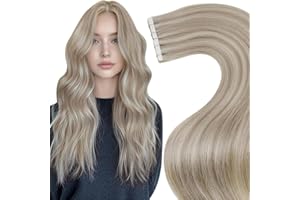 LaaVoo Extension Adhesive Cheveux Naturel Highlight Blond Clair à Blond Cendré Extension Cheveux Naturel Adhesive Blond Platine 50g/20pcs 35cm Extension Adhesive Cheveux Humain Platine Lisse #P18/613
