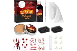 JZEEIWY Halloween Kunstblut & Modellierwachs Makeup Set, Artificial Pseudo Plasma Paste Wunde Modellierung Narbe Wachs mit Spatel Werkzeug, with Schwamm, False bandage, Aufkleber, Vampir falsche Zähne