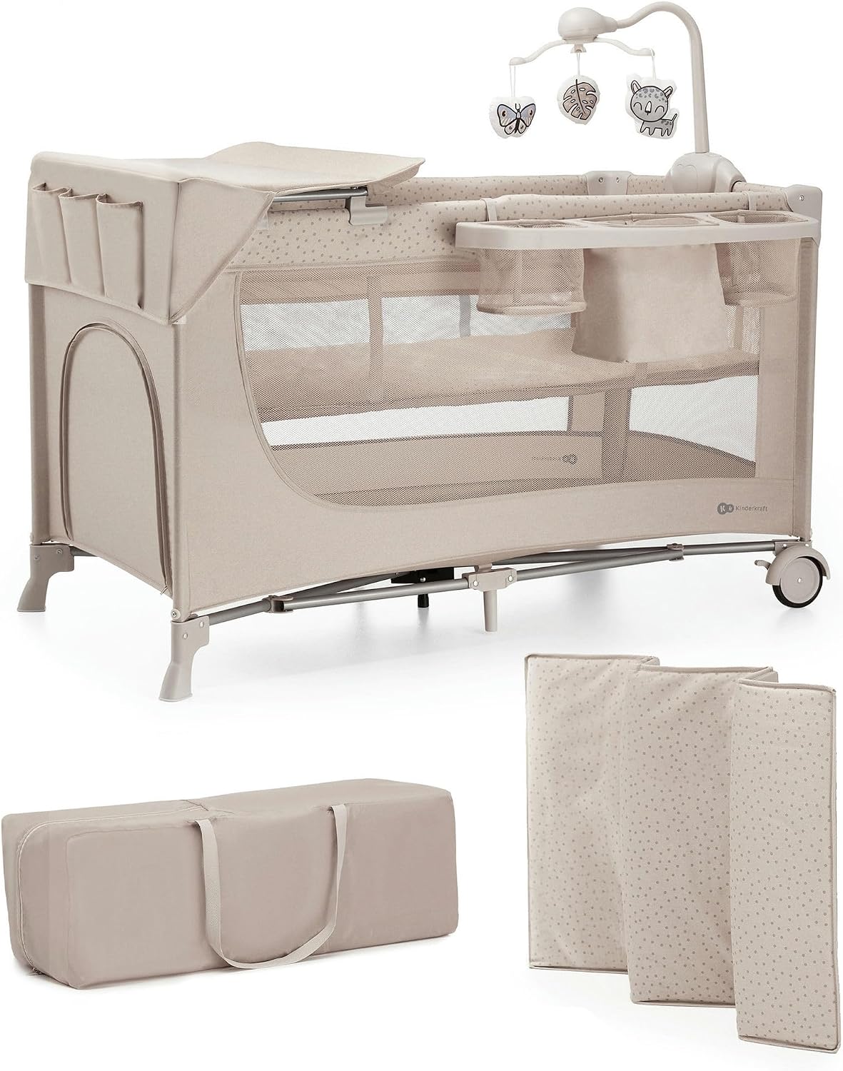 Kinderkraft Joy 2 Acc Cuna de Viaje 2 en 1 para Bebé de hasta 25 kg, Plegado rápido y fácil, Incluye Carrusel de Cuna con Juguetes, Estantes para pañales y Cambiador, Bolsa de Transporte, Beige