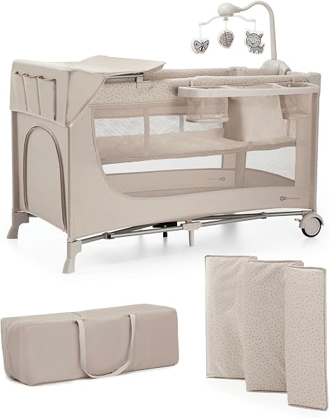 Kinderkraft Joy 2 Acc Cuna de Viaje 2 en 1 para Bebé de hasta 25 kg, Plegado rápido y fácil, Incluye Carrusel de Cuna con Juguetes, Estantes para pañales y Cambiador, Bolsa de Transporte, Beige - 1