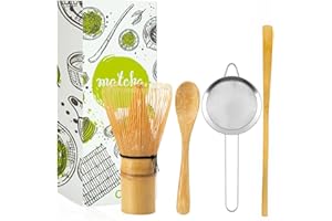 Orapink Matcha-Schneebesen 4er-Set – Japanischer Matcha-Schneebesen (Chasen), traditioneller Schöpflöffel (Chashaku), Teelöffel, Teesieb, Schneebesen für Grünteepulver, japanische Handarbeit