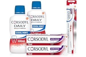 Corsodyl Gum Care Bundle for Healthy Gums: 2X Ultra Clean, 2X Daily Mouthwash Cool Mint 500ml, 1x Daily Toothbrush Soft