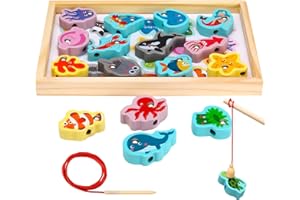 GSrenyu Wooden Fishing Game, 19pcs Magnetic Fishing Game for Kids, Wooden Montessori Toys with Fish Rod, Ocean Animal Games for Toddles Boy Girl Birthday Party Christmas