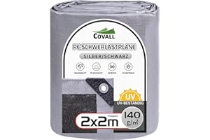 ‎COVALL Covall Abdeckplane mit Ösen Wasserdicht Gewebeplane Plane Tarp Schwerlast 2x2m Schutzplane Abdeckung Bauplane Bodenplane 140g/m² Silber/Schwarz Dach Pool Auto LKW Camping Zelt BAU Garten