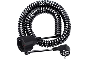 JEXPOWER Schutzkontakt Spiralverlängerung Verlängerungskabel 5m Schuko Stecker, 15mm² Schwarz Verlängerungskabel Outdoor Erweitern Sie 80 cm-5m, Elastisches PPC -Brandschutzmaterial