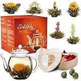 Creano - Set Regalo Fiori di Tè in una Scatola di Legno a Forma di Cuore - 6 tipi di Tè Bianco incl. Teiera in vetro 500ml - 