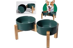 PTOBER Gamelle pour Chien Surélevée Ceramique - Double Gamelle Chien Surelevee avec Support en Bambou - Set de Bol Chein pour Nourriture et Eau - Gamelles pour Chiens de Petite et Moyenne Taille - 2 x 850 ml