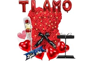 NLIGHTING Orso di Rose Orsetto di Rose Orsacchiotto di Rose Idea Regalo Fidanzata San Valentino per Lei Peluche San Valentino Lovebox Regalo Baci Scatola e Nastro (Rosso con Brillantinni)