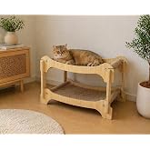 PUREZA Ahşap İki Katlı Kedi Yatağı & Dinlenme Standı &ndash; Hasır Y&uuml;zeyli (&Ccedil;ift Katlı Tasarım)