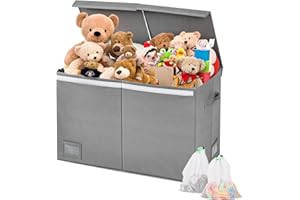 KR KITCHENRAKU Toy Storage Box for Boys Girls, Large Storage Chest with Lid and Label Holders, Foldable Cloth Storage Bin for Wardrobe, Kids Bedroom & Playroom Soft Toy Storage (Grey)