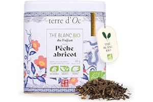 terre d'Oc - Thé Blanc Bio du Fujian - Saveur Pêche Abricot - Boite en Métal - Thé en Vrac - Idée cadeau - 40g