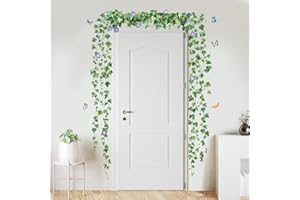 SHUCHING Hanging Vine Ivy Wall Sticker Peel and Stick, Green Plants Leaves Purple Flower Wall Decal, Removable Vinyl Wall Decor Art Home Decoration for Living Room Bedroom
