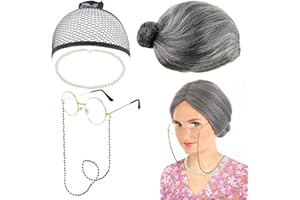 Aurasky Oma Kostüm Set, 5 Stück Alte Dame Perücke und Zubehör, Großmutter Kappe, Brille mit Ketten, Perlenkette für Karneval Halloween