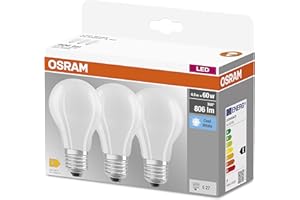 OSRAM LED Classic A60, lampade a filamento smerigliato in vetro per base E27, bianco freddo (4000K), sostituisce le tradizionali lampadine da 60W, scatola da 3