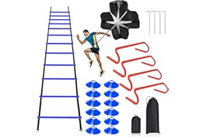 RAINMAE Fußball Trainingsset Koordinationsleiter Fussball Trainingszubehör mit 6m Trainingsleiter 12 Kegel,4 Agility Hürden, Widerstand Fallschirm,für Training, Fußball, Basketball, Sportler Blau