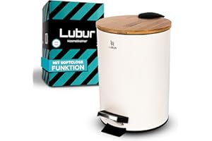 Lubur Kosmetikeimer 3L - Praktischer Badmülleimer mit Bambusdeckel - Kleiner Mülleimer für Bad & WC - Rutschfester Hygieneeimer - Weißer Kosmetikmülleimer mit Softclose Absenkautomatik (Weiß)
