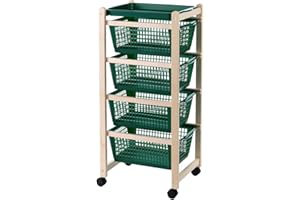 SF SAVINO FILIPPO Carrello Cucina Porta Tutto Frutta vivande 4 cestelli Verdi in Legno di faggio Naturale Chiaro con Ruote e Vassoio