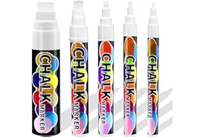 AUTOAU Marqueur Craie 5 Feutre Craie Marqueur Blanc 1mm, 3mm, 6mm, 10mm et 15mm Feutre Ardoise Effacable à Sec pour Tableau Noir Verre Fenêtre Bistro Vitre de Voiture Panneaux