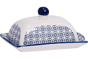 Nicola Spring Hand Printed Butter Dish with Lid - 18.5x12cm - Navy Vintage Floral Porcelain Kitchen Butter Dish Fridge Cheese Storage Container for Butter, Cheese, Margarine