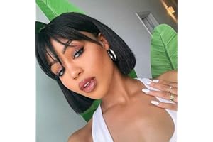 ZEALADY Perruque Avec Frange Cheveux Humain Perruque Bresilienne Cheveux Humain Avec Frange No Lace Frontal Bob Wig Human Hair Perruque Courte Femme Naturelle Bresilien Lisse 10 Pouces