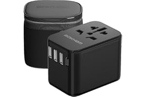 MSTJRY Worldwide Travel Adapter with USB C and A Port, All-in-one Universal Plug Carry Pouch Dual 10A Fuses International Power 4 Plugs Trips to US AU Europe UK