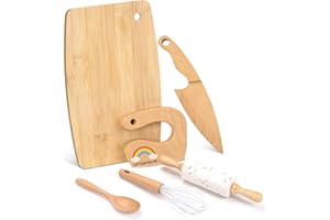 LETTO & TAILOR Hölzernes Kindermesser und Kinderbackset für echtes Kochen, 6 piezas Kleinkind Montessori Küchenwerkzeuge, Kochen und Backen für Kleine Köche (Regenbogen
