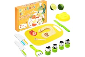 Macmoon 13 teiliges Kindermesser Set Kinder Sicherheit Küchenmesser mit Gemüse Ausstechformen, Holzmesser, Schneidebrett - für Kinder (13 Stück gelber Löwe)