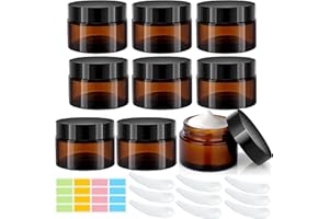 CafullCon Cremedosen zum Befüllen 50ml, 9 Stück Braunglas Salbentiegel, Braun Glastiegel Creme Behälter, Tiegel für Creme mit Aufkleber Kratzlöffel für Kosmetik Cremes Lotionen Ätherische Öle Pulve