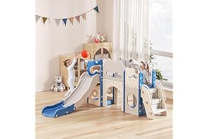 ‎LISCHWERT Lischwert Kinderrutsche, Kleinkindrutsche 7 in 1 freistehend mit Basketballkorb,Extra Lange Rutsche 170 cm, verdicktes Material, Stabiler Kleinkindklettergerüst (blaugrau)