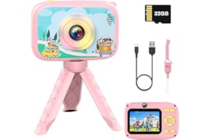 GAVGROOM Camara Fotos Infantil, 40MP 2.4 Pulgadas 1080P HD Selfie Kids Camera, Pantalla IPS HD Camara Niños con Soporte, Tarjeta TF de 32GB Incorporada, Regalo para Niños y Niñas de 3 a 12 Años (Rosa)