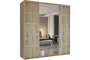 MN FURNITURE Wavy Sliding Mirror Door Wardrobe with Shelves, Hanging Rails Provide Plenty of Storage For Bedroom (Oak, 180cm)