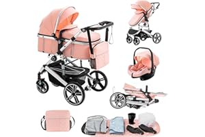 Lnhcrbs Baby Stroller 3 in 1 with Car Seat, Travel Stroller Frame is Aluminium,with Sleeping Basket Clips, Baby Stroller is Foldable, Rain Cover, Mosquito Net, Suitable for 0-48 Months,22Kg,Pink
