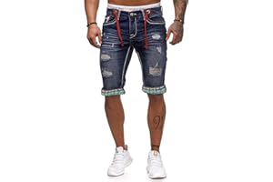 L.gonline Herren Jeans Shorts | Bermuda | Kurze Sommer-Hose | knielange Caprihose 3/4 | Kariertes Bündchen | Dicke Naht L-2020