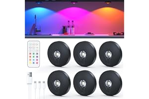 TRUMPETS Luces LED Vitrina Recargables con Control Remoto,Luz LED Armario Recargable,Foco led Inalámbricas, Respetuoso con el Medio Ambiente, Luz Nocturna con Función de Temporización (RGB, negro | 6 pz)