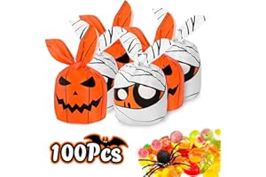 CyanCloud Halloween Bags 100PCS Halloween Sweets Bags, Sweet Candy Bags for Trick Treat Halloween Pumpkin Biscuit Goody Gift Bags,Halloween Party Bag for Sweet Candies Snacks Biscuits