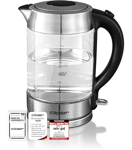 Cloer 4521 Wasserkocher 1,7 l mit herausnehmbarem Kalkfilter, Wasserstandsanzeige, Überhitzungs- & Trockengehschutz, Silikon-Ausguss & 360°-Basis, weiß lackierter Edelstahl, 2200 Watt