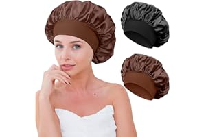 KUAOWT Cuffia Seta Capelli Notte, 2 Pezzi Cuffia in Seta per Dormire Capelli Ricci Lunghi Protezione, Silk Bonnet Regolabile Berretto da Notte Raso con Elastico per Donna Bambina (caffè, Nero)