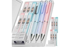 Nicpro 3 Pièces Pastel Porte-Mines 0.5 mm, Art Mignon Crayon Mécanique Criterium avec 6 Tubes HB Mines, Gommes, Trousse pour Enfant étudiant Dessin Esquisse écriture