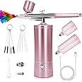 Ykall Airbrush Kit with Compressor, Rechargeable Cordless Non-Clogging High-Pressure Air Brush Set with 0.3mm Nozzle and Cleaning Brush Set for Nail Art, Makeup, Painting, Cake Decor (Pink)