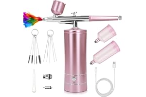 YKALL Kit de Aerógrafo con Compresor, Pistola de Cepillo de Aire Recargable Portátil de Alta Presión Cepillos de Aire con Boquilla de 0,3mm para Pintura, Uñas, Maquillaje, Arte (Rosa)
