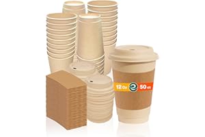 ECO SOUL 100% Compostable Coffee Cups with Lids & Sleeves - 12 Oz (50 Counts) to Go Coffee Disposable Bagasse Cups |Sturdy & Eco-Friendly Cups for Cafes, Party, Office