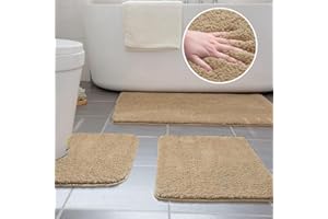 Ceneco Bathroom Mat Sets 3 Piece, Non Slip Bath Mat Set, Washable U-Shaped Toilet Mats,Microfiber Bathroom Mats, Super Absorbent Bath Rug, Soft Bath Mats for Bath(Beige,U40x50_50x60_50x80cm)