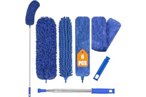 KELURSIEN Extendable Feather Duster, 6PCS Microfiber Duster Cleaning Kit with Telescoping Extension Pole 100 Inch, Reusable Bendable Dusters, Washable Lightweight Dusters for Cleaning Cobwebs Ceilings Fans
