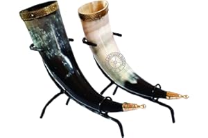 THE ANTIQUE HOUSE Lot de 2 tasses à bière en corne de bœuf avec bord en laiton et support en fer