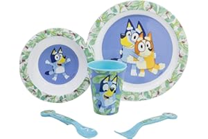 STOR Bluey zestaw naczyń wielokrotnego użytku dla dzieci do kuchenki mikrofalowej, ze szklanką, talerzem, miską i sztućcami, Biały, Estándar, zwykły