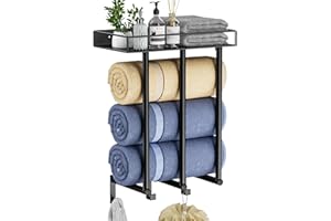 Ovicar Towel Racks for Bathroom - Wall Mounted Towel Rack with Metal Shelf & 3 Hooks, Wall Towel Holder for Small Bathroom, Bath Towel Storage for Rolled Towels, Black