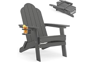 LUE BONA Chaise Adirondack Gris Foncé, Chaise de Jardin HDPS Pliable, Résistante aux Intempéries avec Porte-Gobelet, pour Jardin, Terrasse, Balcon