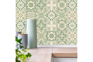INDABYO 20pcs Green Victorian Tile Stickers, Kitchen Bathroom Wall Tile Stickers Peel and Stick on Tile Transfers Covers Decals Self Adhesive Vinyl Waterproof Beige Vintage Mosaic (15cm x 15cm, 6x6 inches)