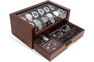 KAMIER 12 przegródek, pudełko na zegarki, organizer dla mężczyzn, dwupoziomowy drewniany organizer na zegarki dla mężczyzn z uchwytem na zegarek i szufladą, orzech włoski