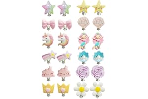 NYXSEAT Lot de 12 Paires de Boucles d'Oreilles à Clips pour Enfants - Motifs Mignons de Dessin Animé, Fleurs et Princesse - Idéal pour Cadeaux d'Anniversaire